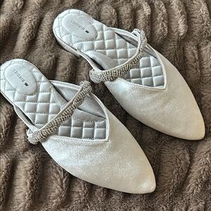 Birdies Silver Velvet Mules with Rhinestone Detail